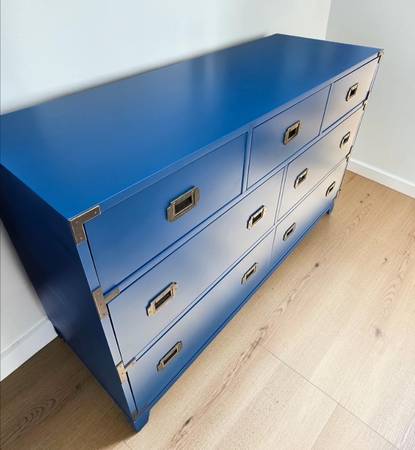 blue campaign dresser Mid Century Campaign Style Highboy Dresser in Blue - Newly Painted