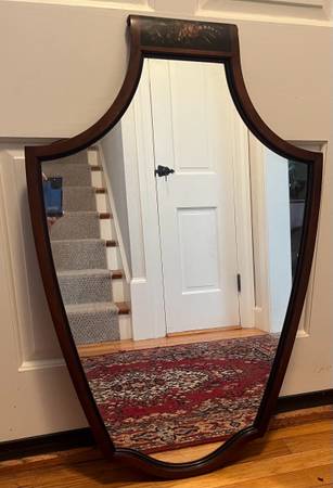 Solid Wood Framed Antique Shield Mirror.  37” X 23.5” 1