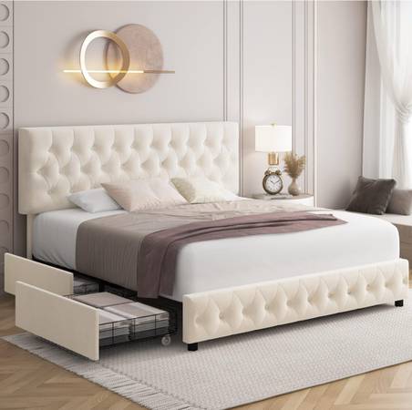 Keyyluv Modern Upholstered Bed Frame with 4 Storage Drawers, Button Tufted Headb - $100 (Atlanta)63470458059907121