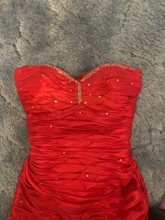 Long red dress eith a fitted bodice 1