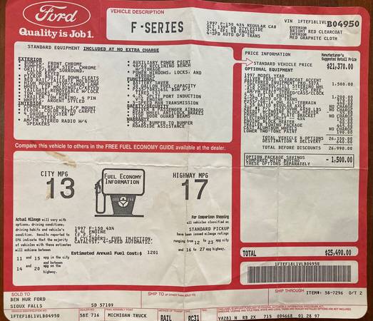 1997 Ford F150 4X4 cabina sencilla, cama de 8', $1.250 (Burnsville)63481148359171124