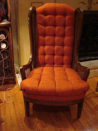 VINTAGE WINGBACK CHAIR CANE SIDES AND NEW CUSTOM UPHOLSTERY 1