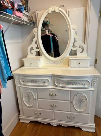 White full-size bed frame with dresser and nightstand 1