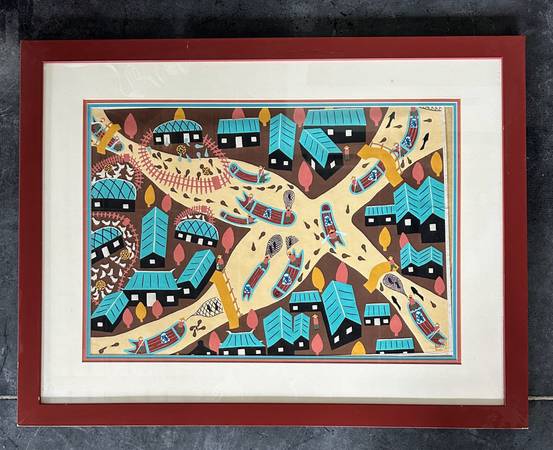 Framed Chinese Woodblock/Silkscreen Folk Art Village Scene Signed Seal 1