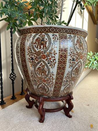 18" Vintage Asian Fish Bowl with Rosewood Stand 1