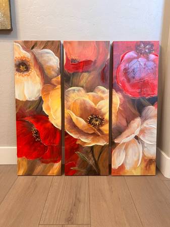 36x36 Three Piece canvas Art Multicolor Red/Yellow/Brown/Beige Floral Art 1
