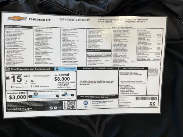 2019 Corvette ZR1 Coupé, 2900 millas, paquete 3ZR, paquete ZTK, asientos deportivos, PPF - $182,90063483863852291124