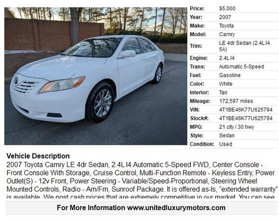 2007 Toyota Camry LE 4dr Sedan - $5,000 (Stone Mountain)63620917743105121