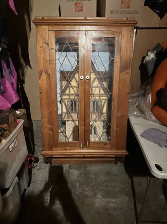 VTG Solid Wood Wall Cabinet Glass Doors Built In Dollhouse Miniature 6 1