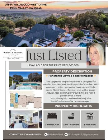 $1,089,000 / 3br - 2735ft2 - Stunning Single-Level Home on 5 Acres – Pool, Spa & Views! (Penn Valley)63952109514371120