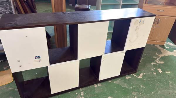 Dark brown and white storage cubby unit 1