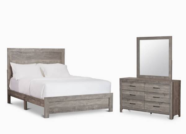Ollie Queen size Gray Panel Bed + Dresser & Mirror - Like New 1