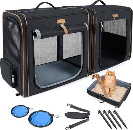 2-in-1 Cat Travel Carrier Large Cat Carrier with Zipper  Black (20.85" 1