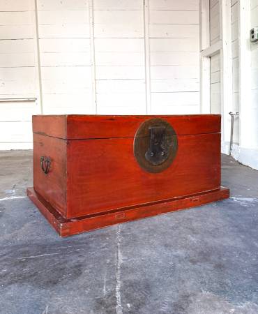 Vintage Chinese Red Lacquer Storage Trunk with Circular Lock Plate