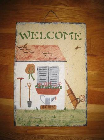 Hand Painted Slate Tile Stone Welcome Sign with Shed, Flowers, Rake!!! 1