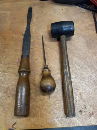 Vtg. Wooden Handled Tools. Screw Driver 16" Awl 8" Rubber Mallet 12" 1