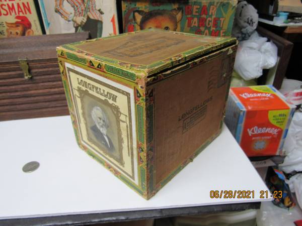 LONGFELLOW CIGAR BOX WOODEN 1890s CUBAN HAND MADE EXC CONDITION 1