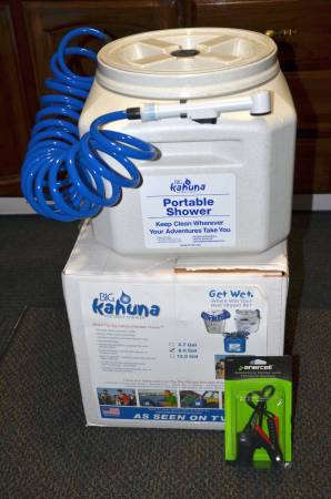 Big Kahuna portable shower; 8 Gallon w/batt terminal clamp set 1