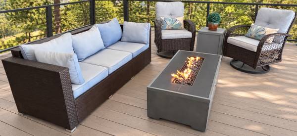 Wicker Patio Set – Sofa, 2 Swivel Rockers & Bond Fire Pit Table & Side Table 1