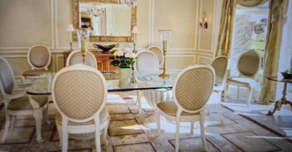 Henredon glass table stone pedestal with chairs 1