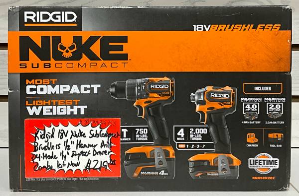 Ridgid 18V Nuke SubCompact Brushless 1/2” Hammer Drill & 4-Mode 1/4” Impact 1