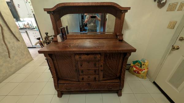 Large antique oak sideboard and mirror 1