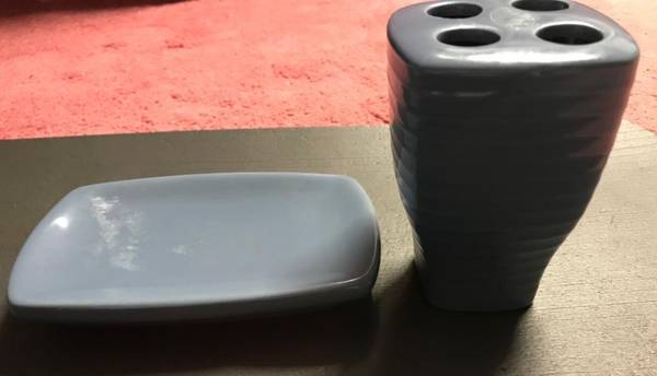 Blue Ceramic Toothbrush Holder 4 Brush Holes and matching soap dish 1