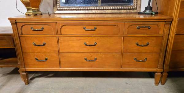 MCM Solid Walnut 9 Drawer Dresser With Brass Pull Handles (Delivery Av 1