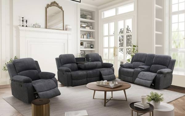 Charcoal black microfiber fully reclining couch set 1