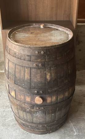 Vintage Solid Oak Whiskey Barrel with Bung – 34” Tall – Two Available 1