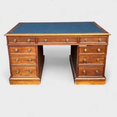 BEAUTIFUL ANTIQUE PARTNERS DESK WITH BRASS PULLS & LEATHER TOP. 1