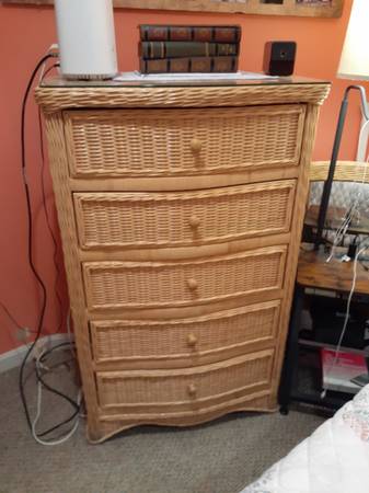 Five drawer tall bamboo dresser with glass top 1