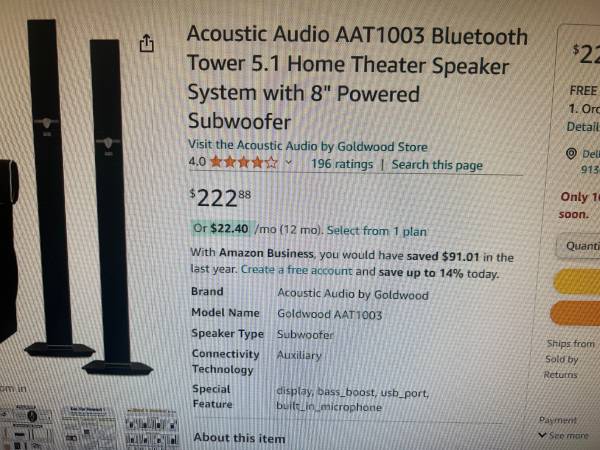 Sistema de altavoces Acoustic Audio AAT1003 Bluetooth Tower 5.1 para cine en casa - $75 (West Hills)63471467396353122