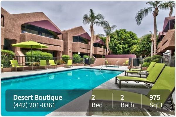 $2,386 / 2 habitaciones - 975 pies² - ¡Mucho espacio para llamarlo suyo! ¡Espacioso de 2 habitaciones! ¡Hermoso vecindario! (Palm Springs - A 3 minutos en auto de los Jardines Botánicos Moorten)63668337304195121