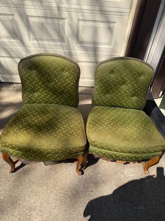 Pair Vintage French Louis XV Style Slipper Chairs- Down Cushions 1