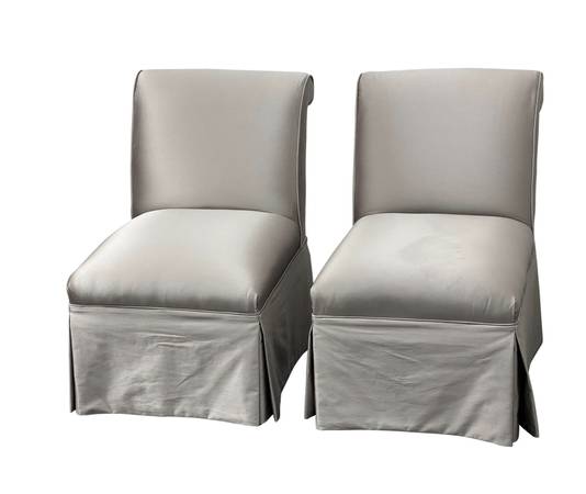 Custom Designed Gray Pair of Satin Slipper Chairs 1