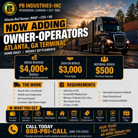 CDL A Owner Operator, Intermodal Containers $4000 Weekly + $3000 Bonus 1