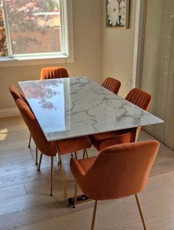 3x6 Marble Top Dining Table with 6 Orange Velvet Chairs 1