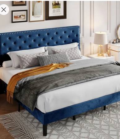 New King size Navy Upholstered bed ( new in box) 1
