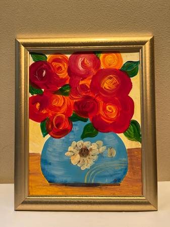 Framed Original Art Painting Floral Arrangement 14” x 17” 1