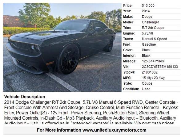 2014 Dodge Challenger R/T 2dr Coupe - $13,000 (Stone Mountain)63620923449987121