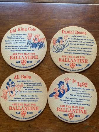 4 BALLANTINE BEER-ALE COASTERS-KING COLE-ALI BABA-1492-DANIEL BOONE 1