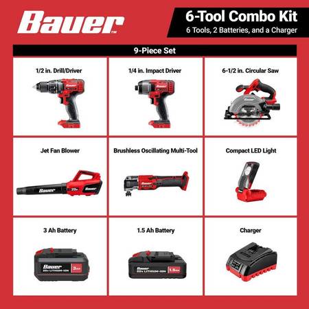 New!BAUER 20V Cordless, 6-Tool Combo Kit with 3 Ah Battery, 1.5 1