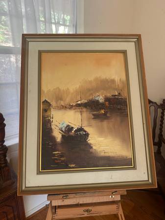 Beautiful painting of antiquated boats / buildings on water 1