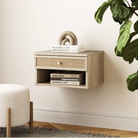 Nathan James Jackson Wall Mounted Rattan Floating Bedroom Nightstand 1
