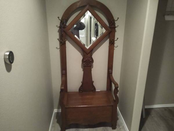 Antique Hall Tree w Mirror, Hooks and Seat Bench Storage 1