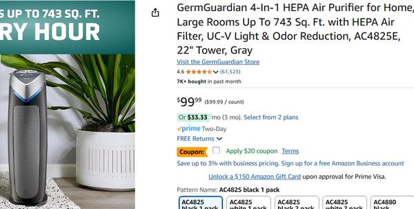 GermGuardian 4-In-1 HEPA Air Purifier - $30 (Ceres)62956361055105123