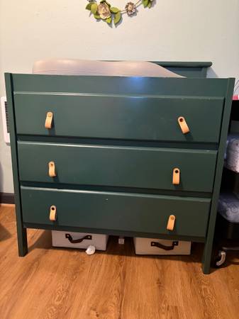 Convertible mini crib, mattress, changing table dresser 1