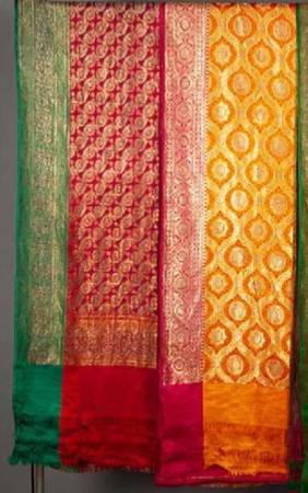 Vintage Benaras Silk Saris Set of Two Gold Red Green Yellow Saree 1