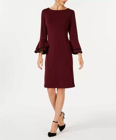 NEW Women’s Burgundy Double Ruffle Sleeve Dress, size medium 1